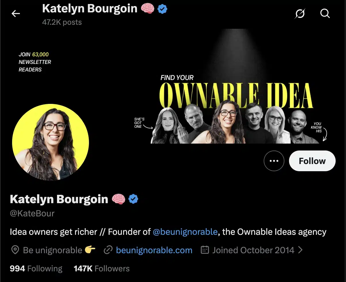 Katelyn Bourgoin's X profile showing her profile photo, branded header image promoting her newsletter and Ownable Ideas, bio highlighting her founder role, website link, join date, and follower count.