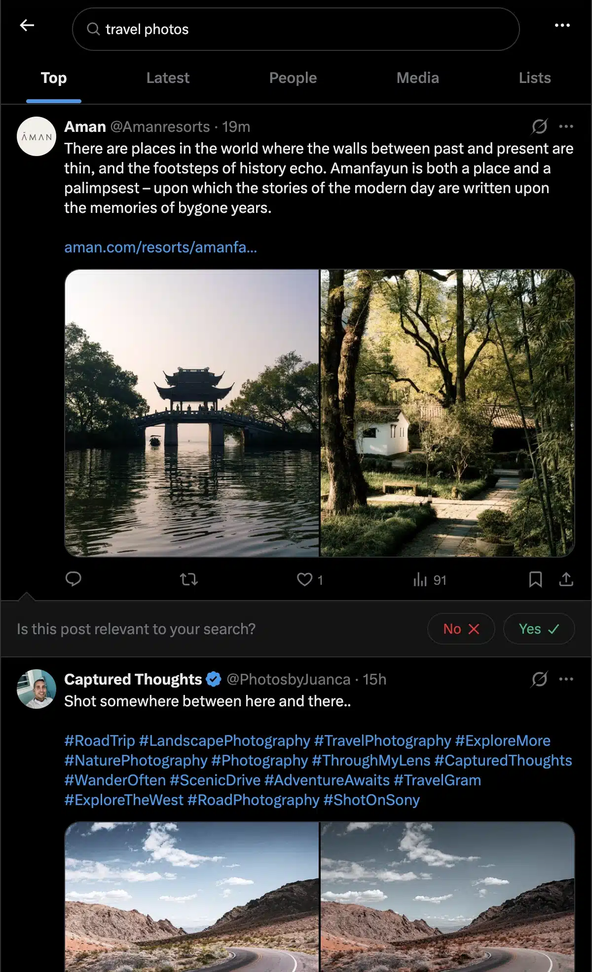 X search results for the query "travel photos," showing posts from Aman Resorts and Captured Thoughts featuring scenic travel photography, including a traditional bridge over water, a landscaped garden, and a winding desert road.