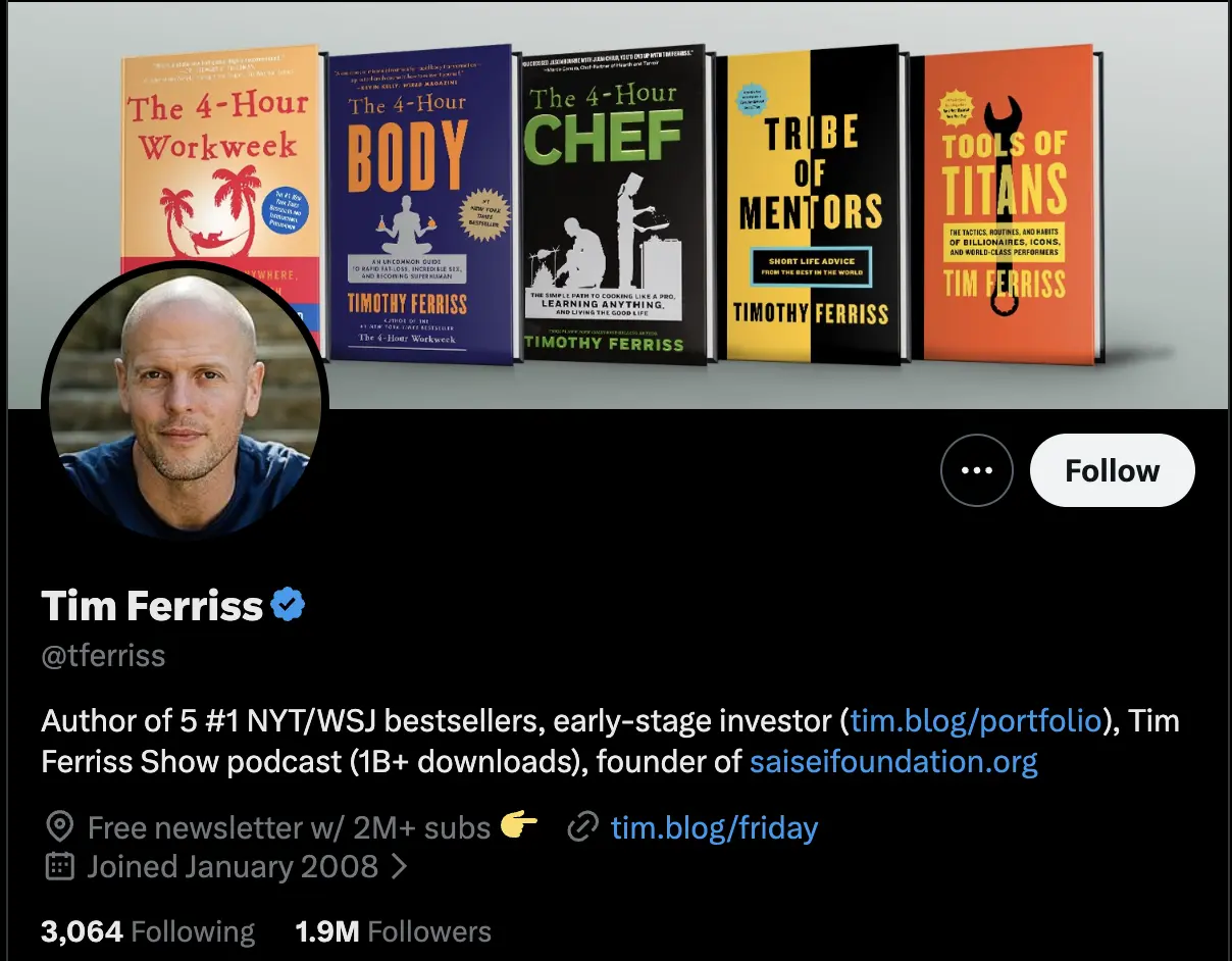 Tim Ferriss's verified X profile. The profile features a banner displaying the covers of his bestselling books, including The 4-Hour Workweek, The 4-Hour Body, The 4-Hour Chef, Tribe of Mentors, and Tools of Titans. His bio highlights that he is an author, investor, and podcast host, and includes a newsletter link, website, follower count, and account details, demonstrating how creators can optimize their X profile for discoverability and personal branding.