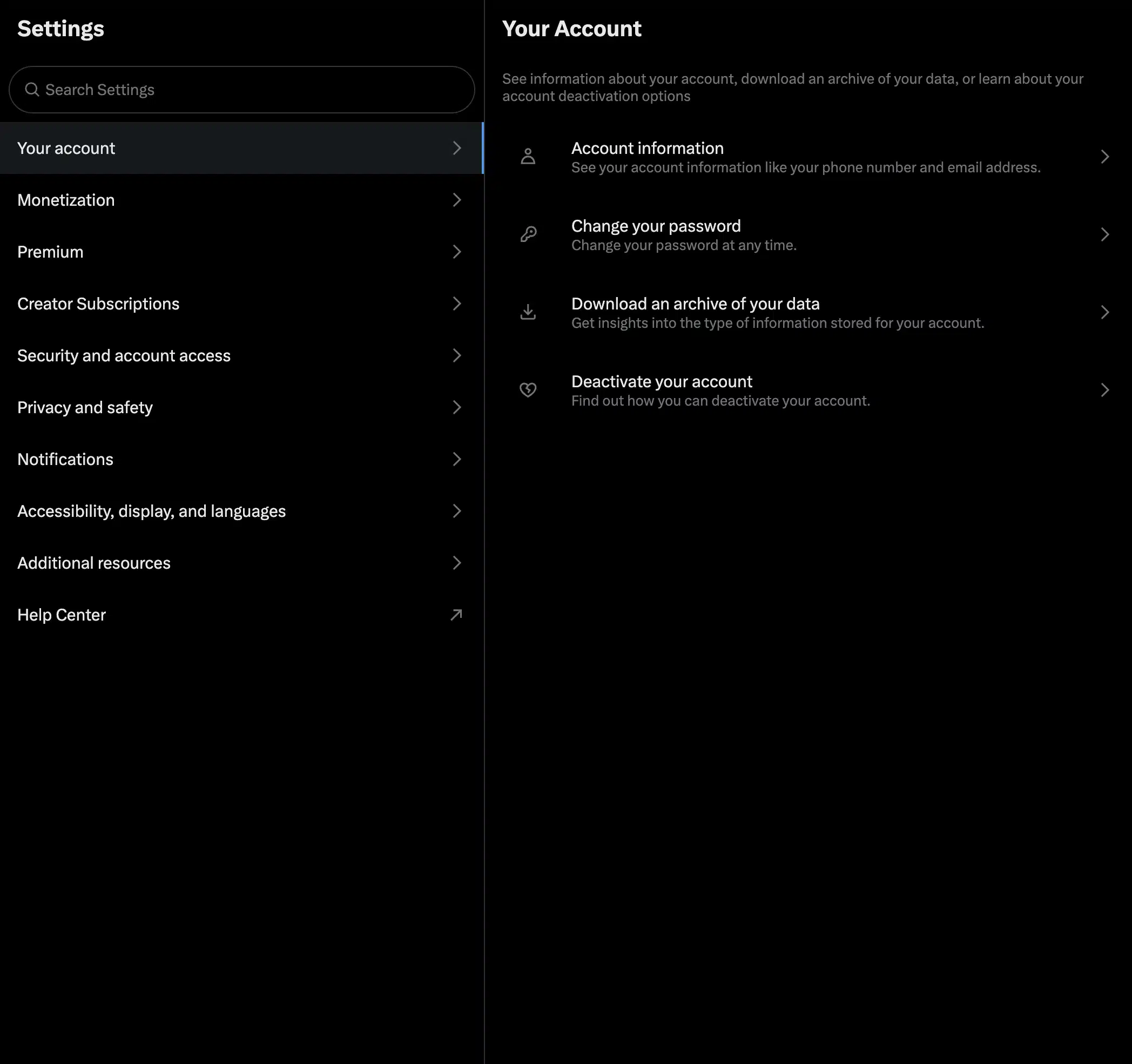X Settings with the Your account section open, showing options to view account information, change your password, download an archive of your data, and deactivate your account, alongside the full settings navigation menu.