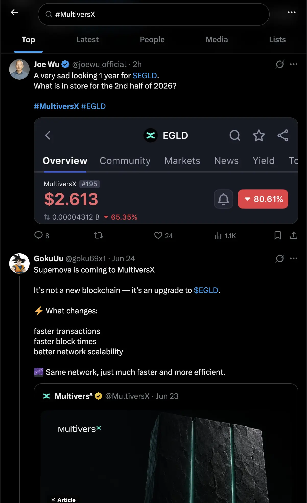 X search results for the hashtag #MultiversX on the Top tab. The results show posts discussing the MultiversX blockchain and EGLD cryptocurrency, including market updates, price performance, and network upgrades. This demonstrates how users can search for hashtags on X to follow trending topics and join relevant conversations.