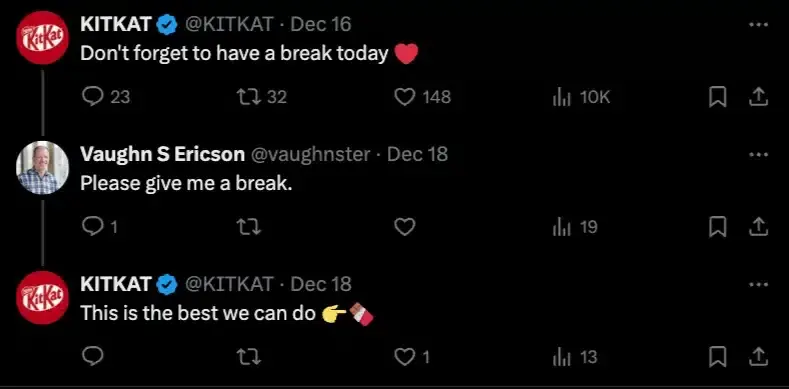 Brand conversation on X where KitKat responds humorously to a user's comment within a public reply thread.