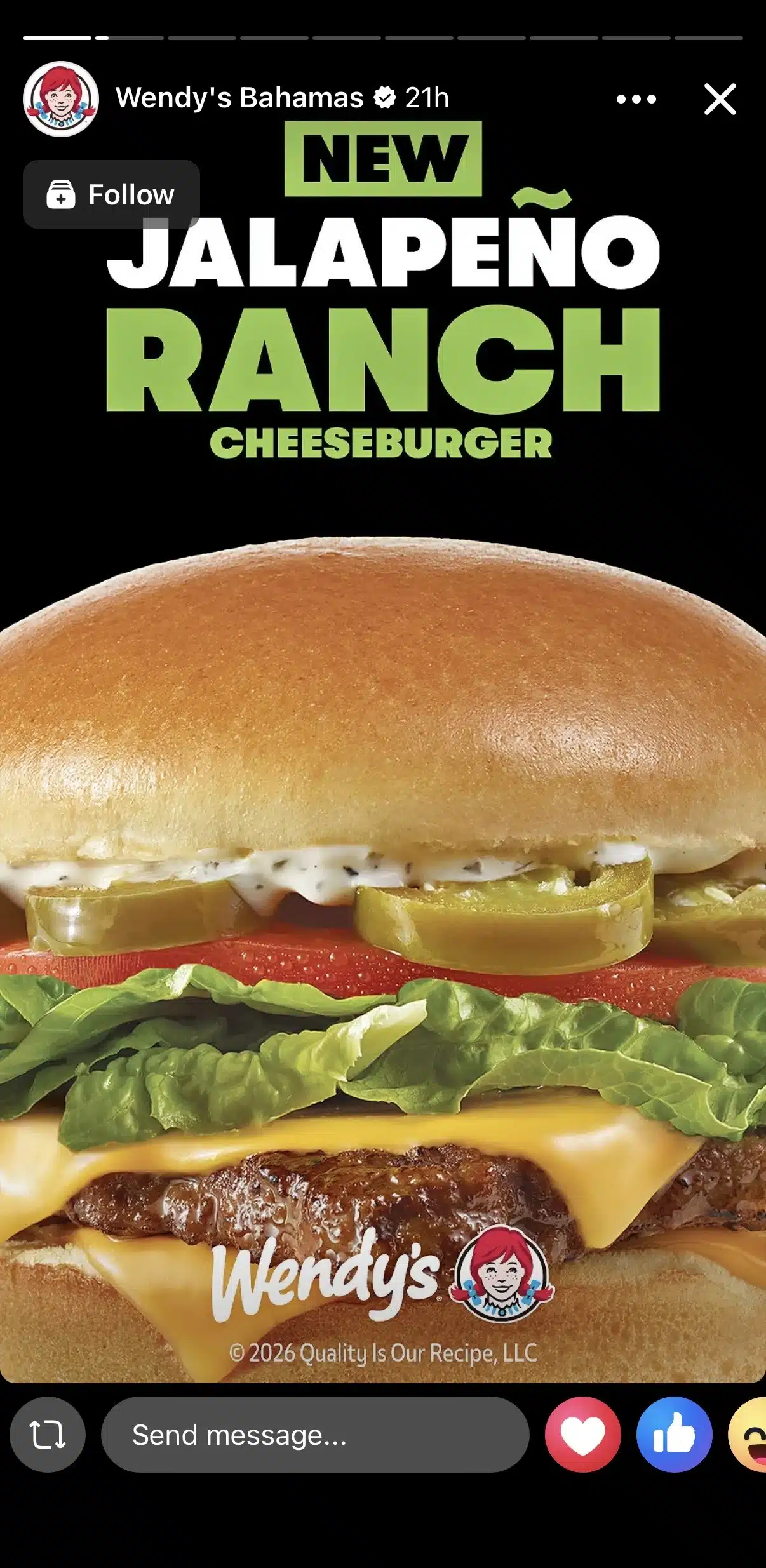Facebook Story from Wendy's Bahamas promoting the new Jalapeño Ranch Cheeseburger. The story features a close-up of the burger with lettuce, tomato, jalapeño slices, cheese, and ranch sauce against a black background with bold green and white text.