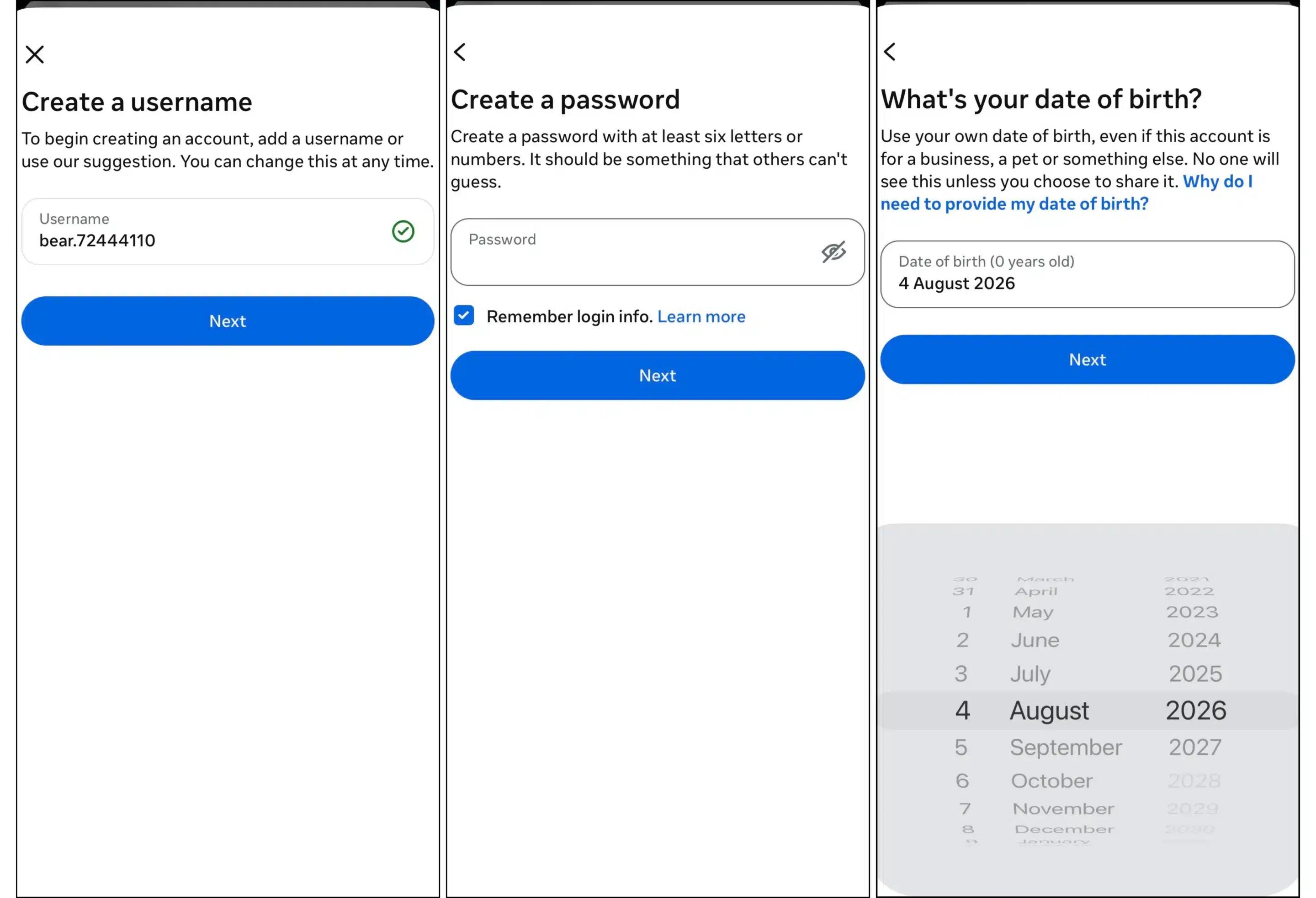 Three side-by-side screenshots showing the final steps of creating an Instagram account. The first screen prompts the user to create a username, with a suggested username entered and a “Next” button below. The second screen asks the user to create a password, includes a “Remember login info” checkbox, and features another “Next” button. The third screen requests the user’s date of birth, displaying a date picker with August 4 selected and a “Next” button to continue.