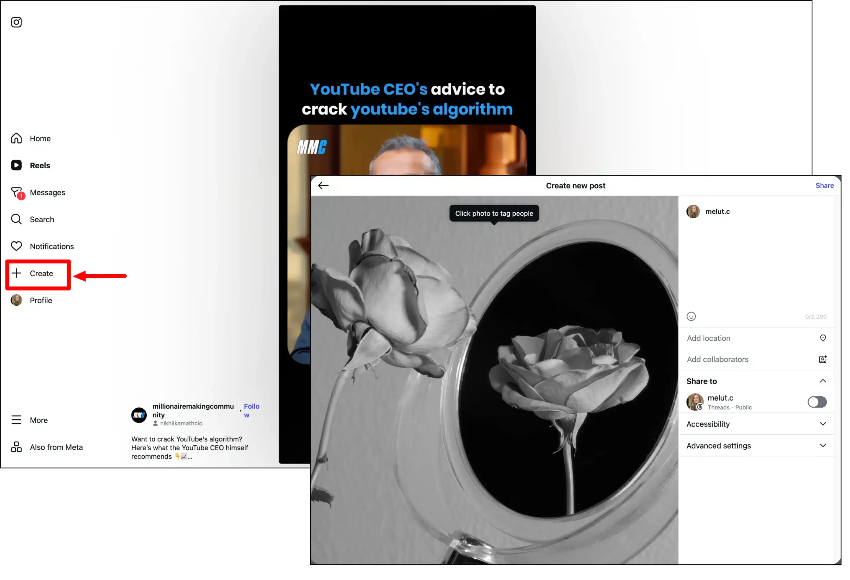 Three image panel demonstrating how to create an Instagram post on the desktop version of Instagram. On the left, the navigation menu highlights the Create option with a red box and arrow. In the center, a post featuring a black-and-white image of a rose reflected in a mirror is being prepared in the Create new post window. The right-hand panel includes options to add a caption, location, collaborators, cross-post to Threads, accessibility information, and advanced settings, with a Share button in the upper-right corner.