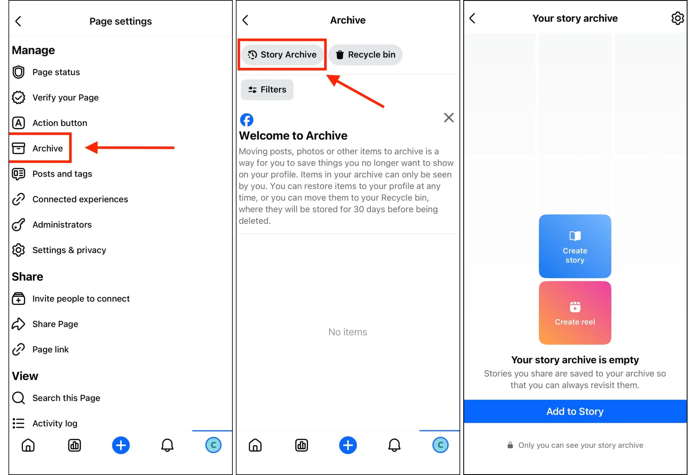 Trois images présentant l'archive des stories de l'application Facebook. La première met en avant l'option « Archive » dans les paramètres de la page, la deuxième montre l'onglet « Archive des stories » au sein de la section « Archive », et la troisième affiche une archive des stories vide proposant des options pour créer une nouvelle story ou une nouvelle Reel.