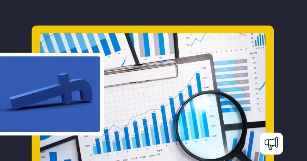 A graphic illustrating social media analytics, with blue bar charts and line graphs displayed on sheets of paper and a clipboard. A magnifying glass highlights one of the charts, while a blue 3D social-media-style symbol appears in a white inset on the left. The composition is framed by a bright yellow border on a dark background, with a megaphone icon in the lower-right corner.