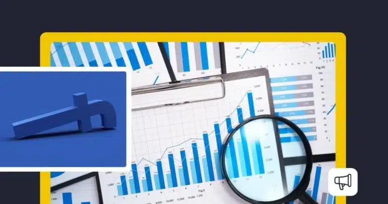 A graphic illustrating social media analytics, with blue bar charts and line graphs displayed on sheets of paper and a clipboard. A magnifying glass highlights one of the charts, while a blue 3D social-media-style symbol appears in a white inset on the left. The composition is framed by a bright yellow border on a dark background, with a megaphone icon in the lower-right corner.
