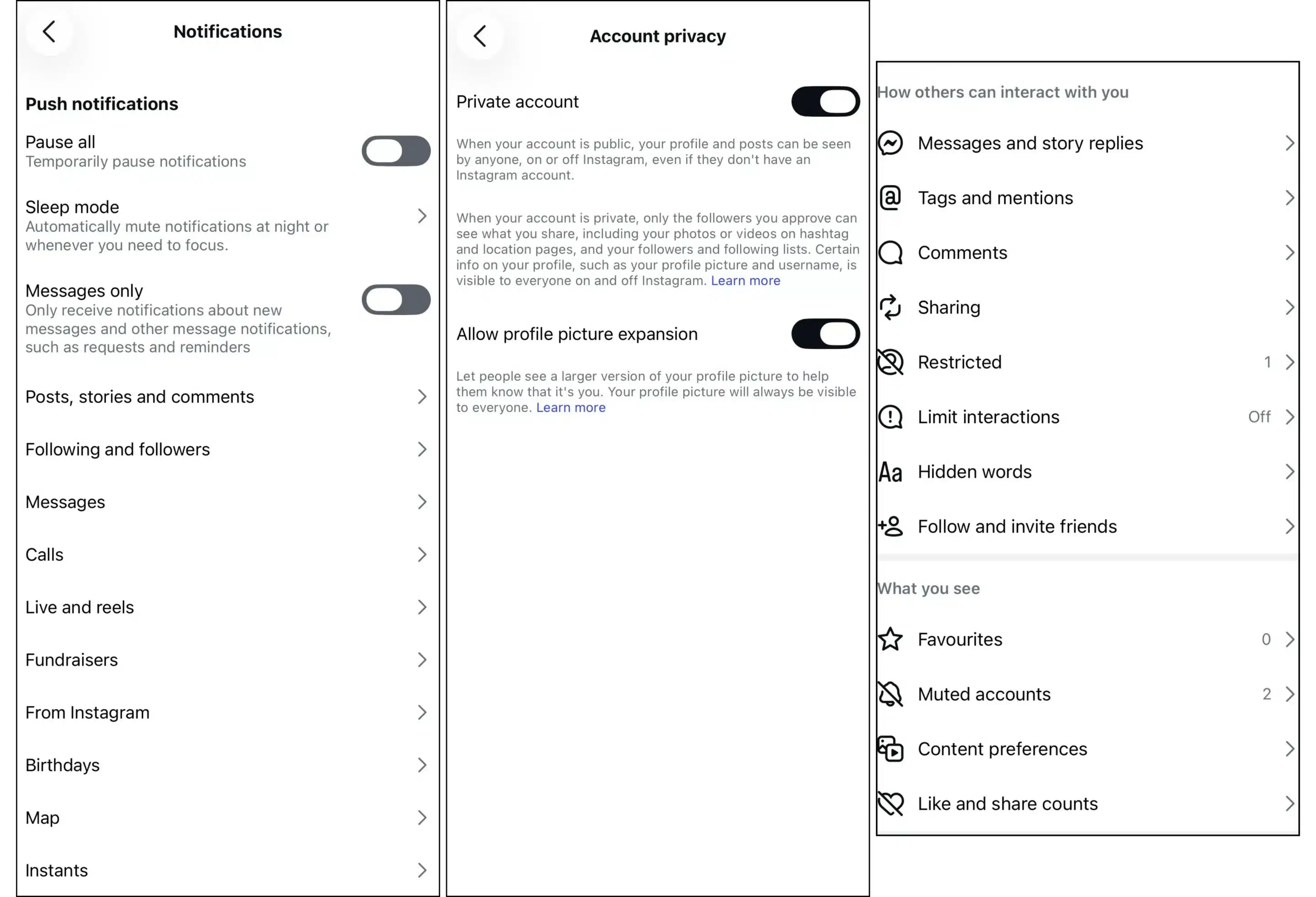 Three side-by-side screenshots of Instagram settings pages. The first shows the Notifications menu with options for push notifications, sleep mode, messages, posts, followers, calls, live and reels, fundraisers, birthdays, and other notification preferences. The second displays the Account privacy page with toggles for making the account private and allowing profile picture expansion. The third shows the main Settings and activity menu, including options for messages and story replies, tags and mentions, comments, sharing, restricted accounts, interaction limits, hidden words, following and inviting friends, favorites, muted accounts, content preferences, and like and share count settings.