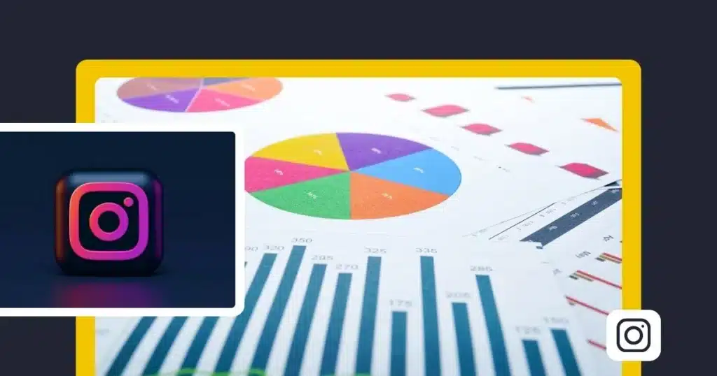 A stylized graphic featuring the Instagram logo overlaid on colorful business analytics charts, including pie charts and bar graphs, suggesting Instagram performance tracking and data analysis.