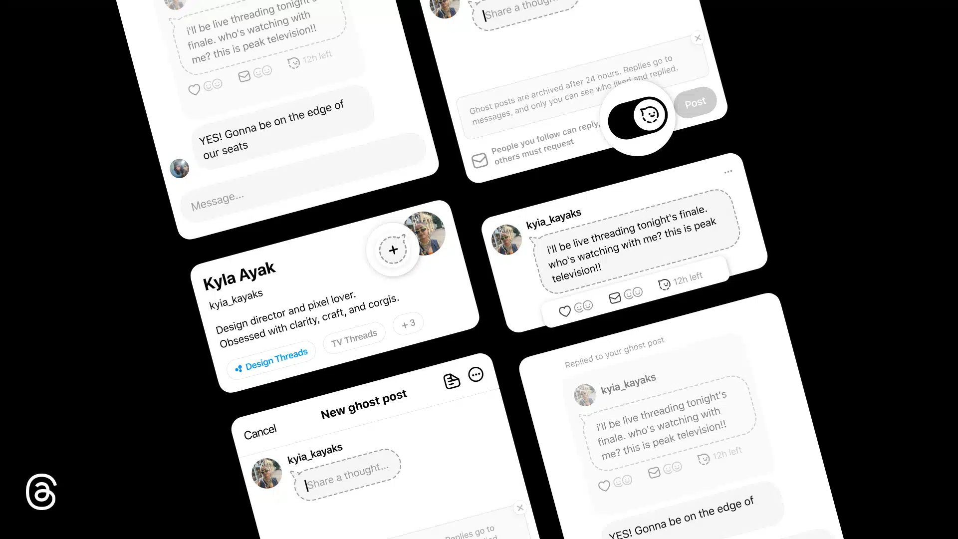 A graphic on a black background showing several tilted white Threads interface cards demonstrating “ghost posts.” The cards feature a profile for Kyla Ayak, a ghost post about live-threading a TV finale, a “New ghost post” composer, and a note explaining that ghost posts are archived after 24 hours. A Threads logo appears in the lower-left corner.
