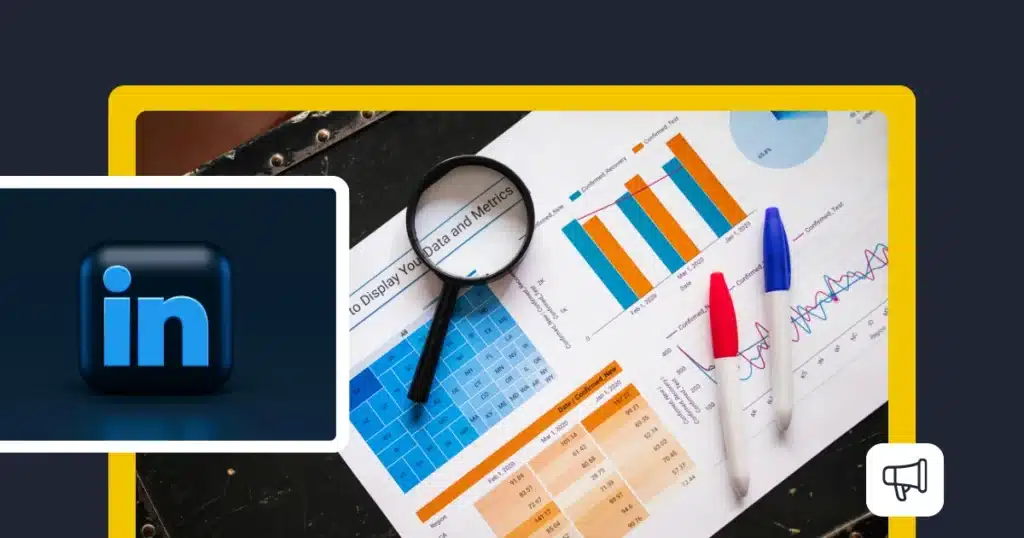 A promotional graphic about LinkedIn statistics and analytics. A dark blue square on the left contains a stylized LinkedIn “in” logo. The main image shows a magnifying glass over printed data charts, including bar graphs, tables, and line graphs, with blue and orange accents. A white megaphone icon appears in the lower-right corner.A promotional graphic about LinkedIn statistics and analytics. A dark blue square on the left contains a stylized LinkedIn “in” logo. The main image shows a magnifying glass over printed data charts, including bar graphs, tables, and line graphs, with blue and orange accents. A white megaphone icon appears in the lower-right corner.