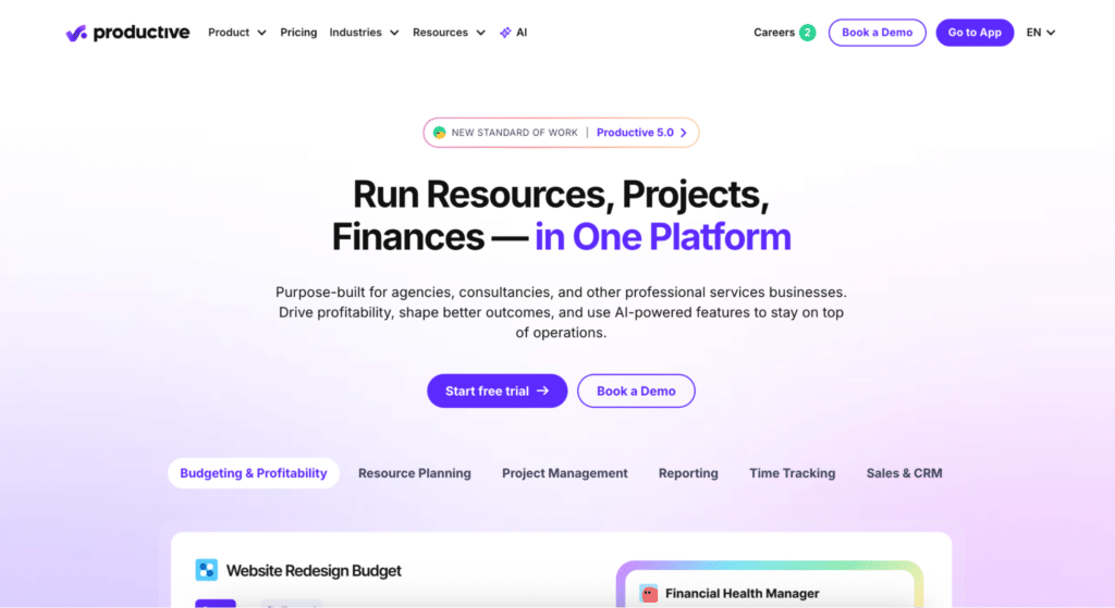 Screenshot of Productive.io's homepage hero section, with the headline "Run Resources, Projects, Finances — in One Platform" and "Start free trial" / "Book a Demo" buttons.