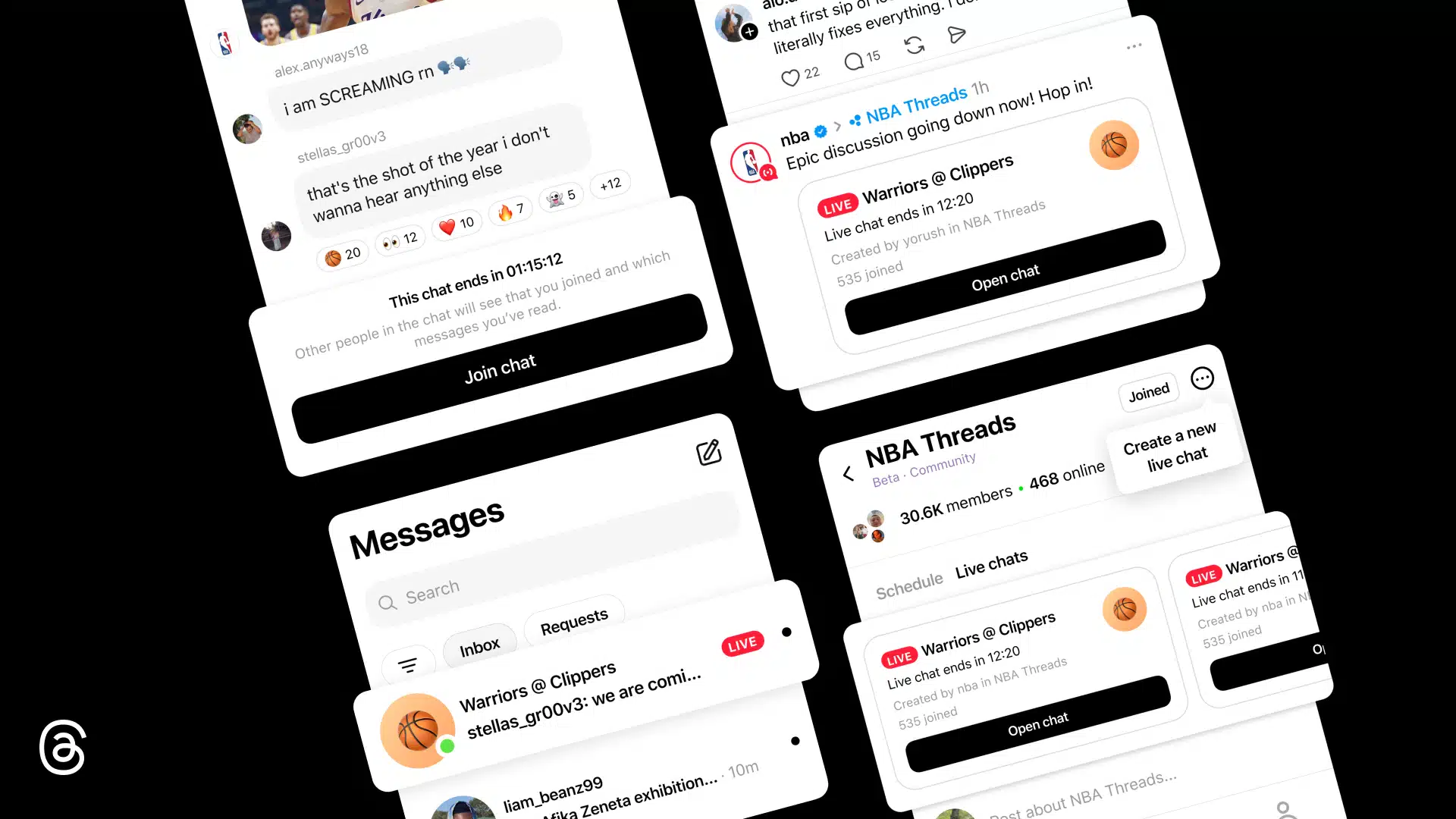A promotional collage showing Threads’ live chat features, with several tilted app screens on a black background. The screens show an NBA Threads community with live chats, including a “Warriors @ Clippers” chat, options to join or open a chat, a live-chat schedule, and a messages inbox displaying an active conversation.