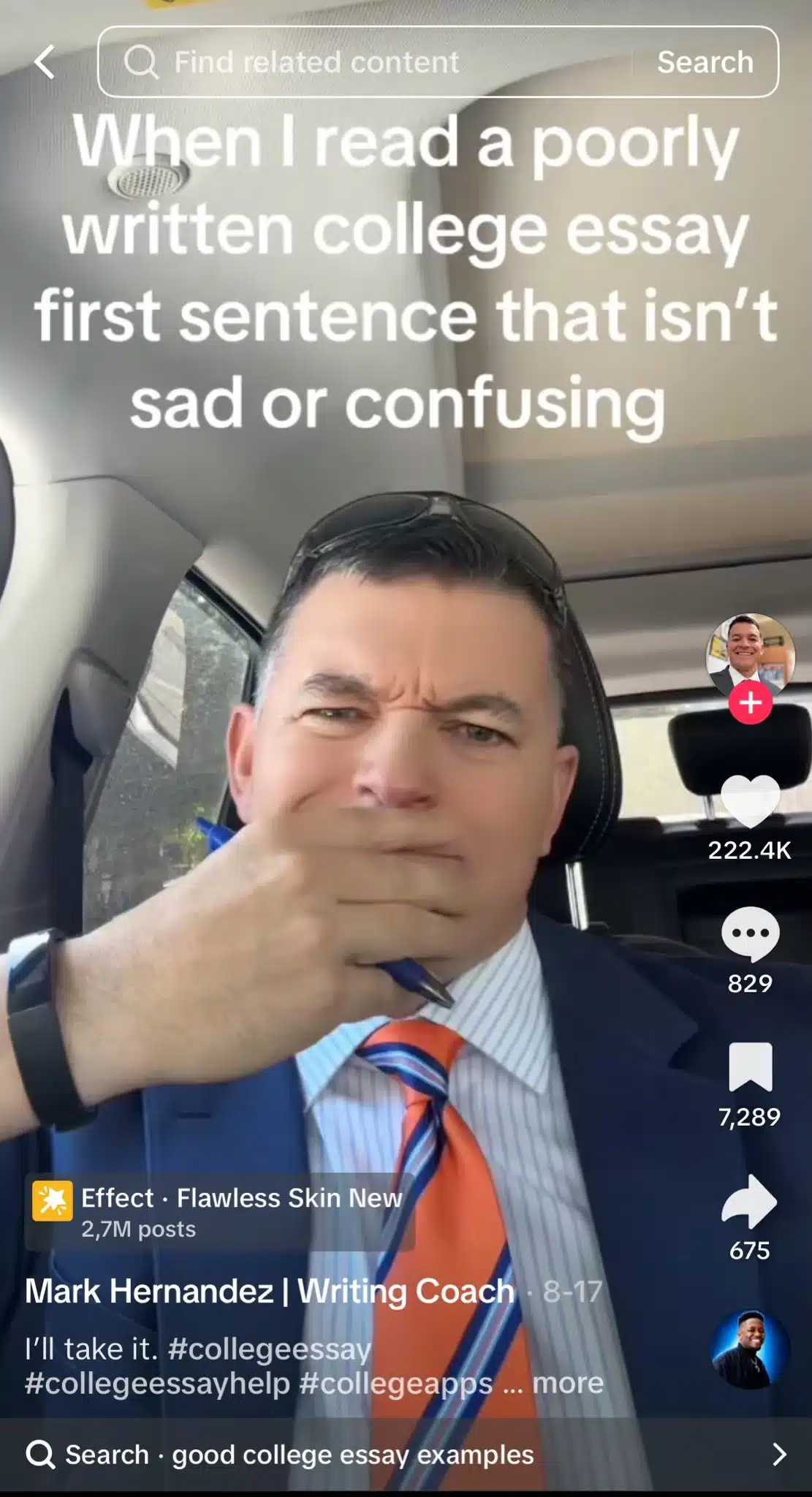 TikTok from a writing coach sitting in a car with his hand over his mouth, with text reading, “When I read a poorly written college essay first sentence that isn’t sad or confusing.”