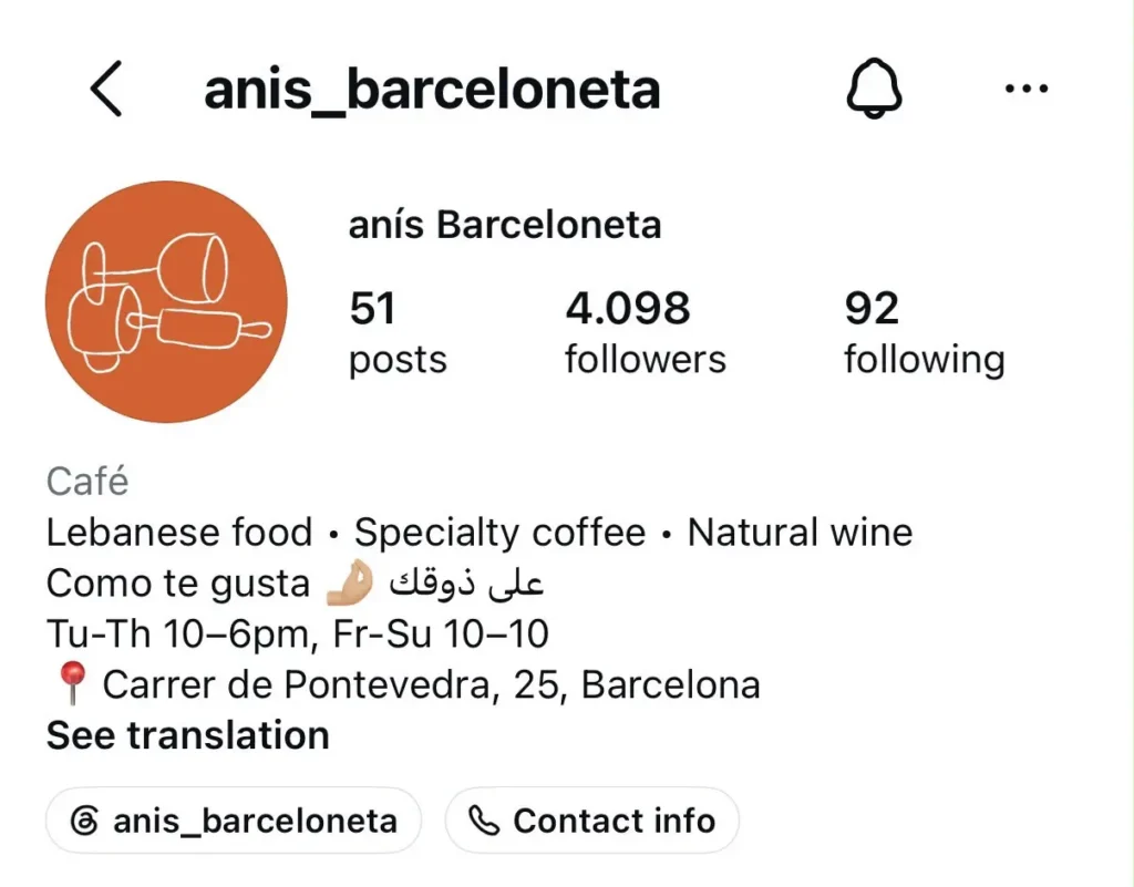 Instagram profile for Anís Barceloneta, a Barcelona café serving Lebanese food, specialty coffee, and natural wine, with a keyword-rich bio and location details.