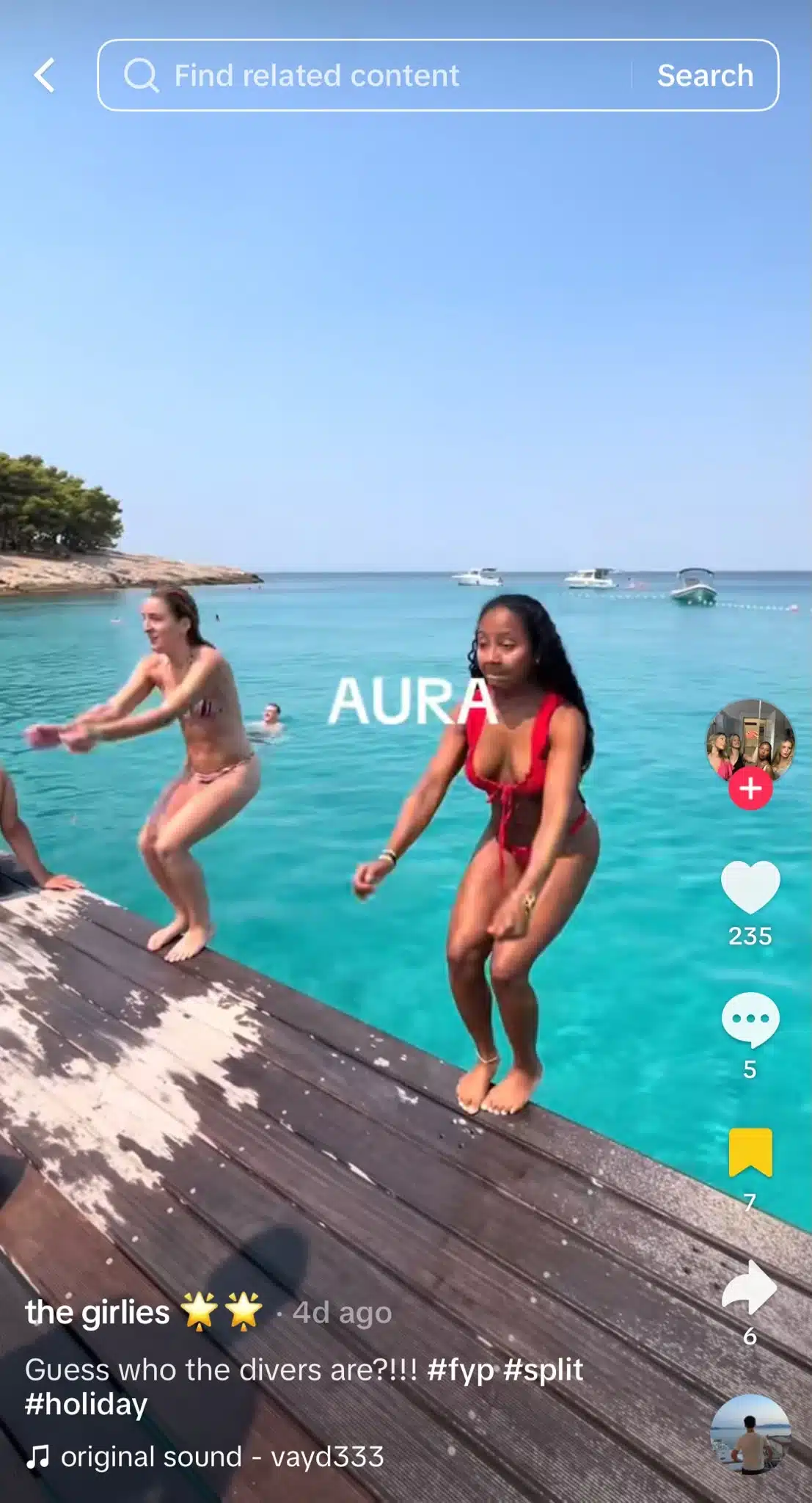 TikTok showing two women in swimsuits preparing to jump from a wooden dock into bright turquoise water, with the word “AURA” displayed on screen.