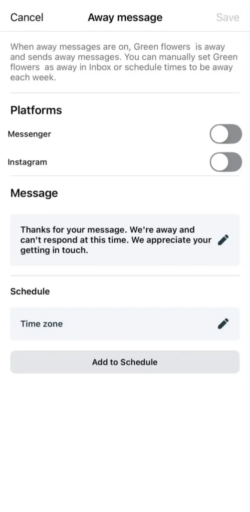 Meta Business Suite away message settings for Messenger and Instagram, showing a customizable automated response and scheduling options.