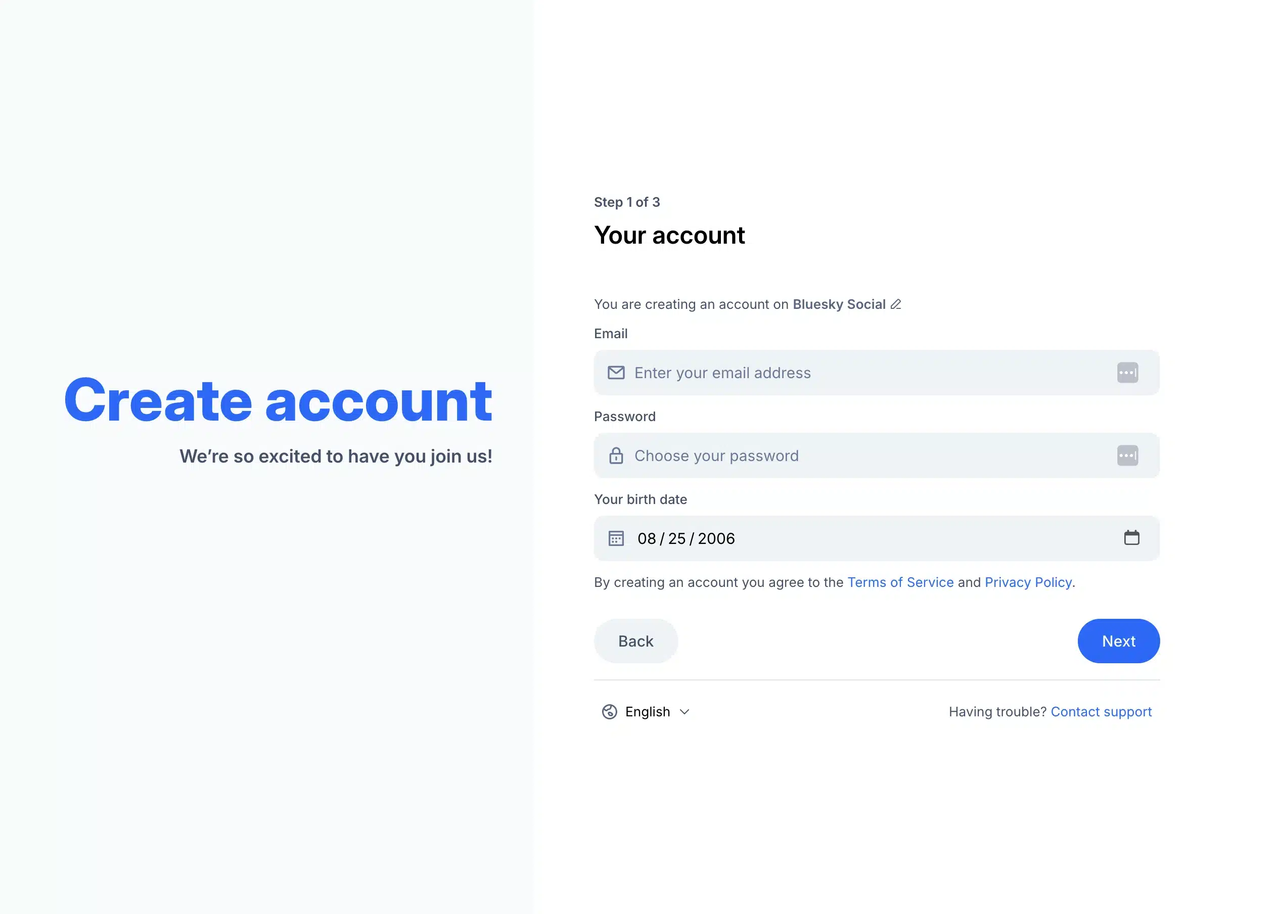 Bluesky account creation page showing step 1 of 3, with fields for email, password, and birth date, plus Back and Next buttons.