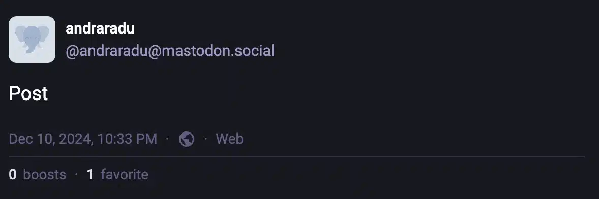 Mastodon post by @andraradu@mastodon.social showing the post date and engagement metrics of 0 boosts and 1 favorite.