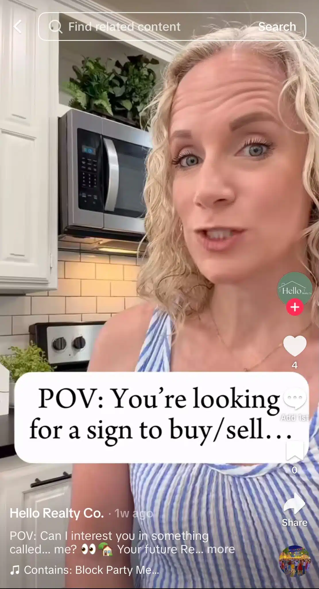 Woman speaking to the camera in a kitchen, with text reading, “POV: You’re looking for a sign to buy/sell…”