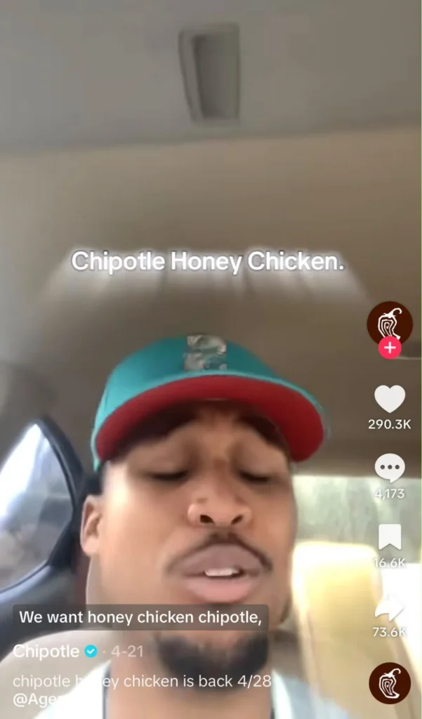 TikTok video from Chipotle featuring a customer asking for Honey Chicken, showcasing the brand's response to a trending menu request.