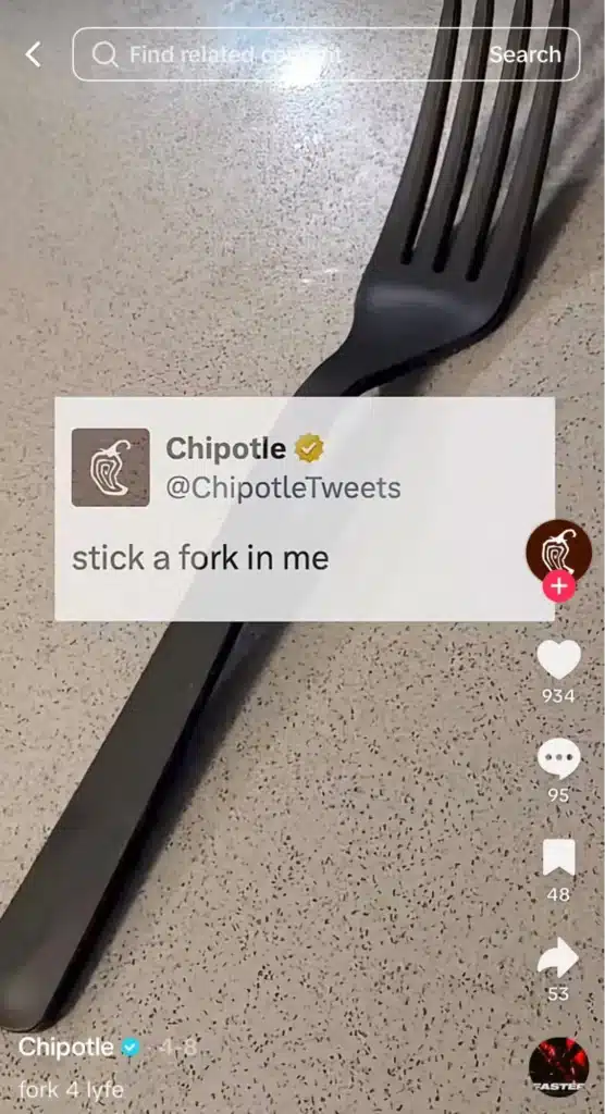 Chipotle TikTok post featuring a fork and a humorous social media joke, demonstrating the brand's playful content style.