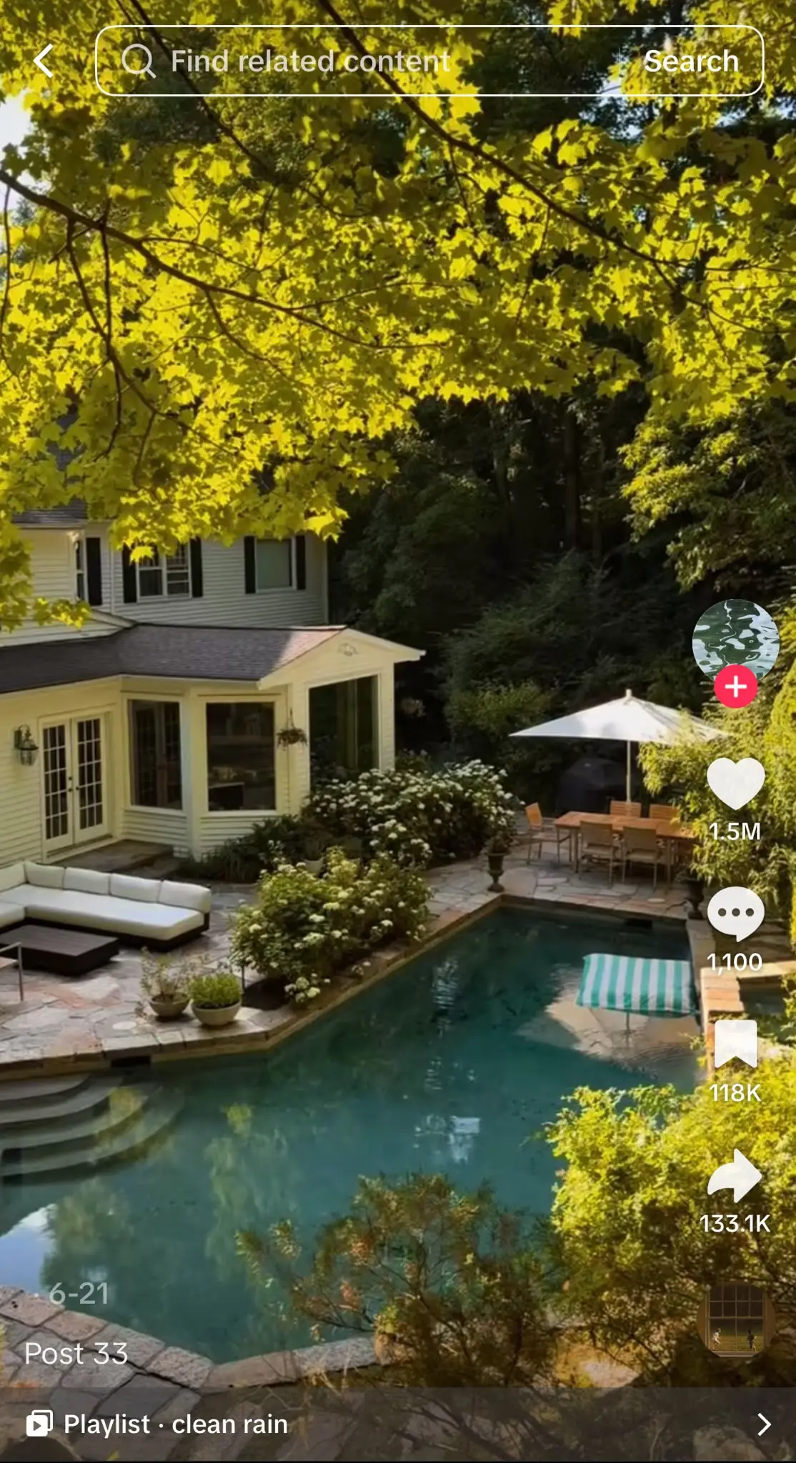 TikTok showing a sunlit backyard with a swimming pool, patio seating, lush greenery, and a house surrounded by trees.