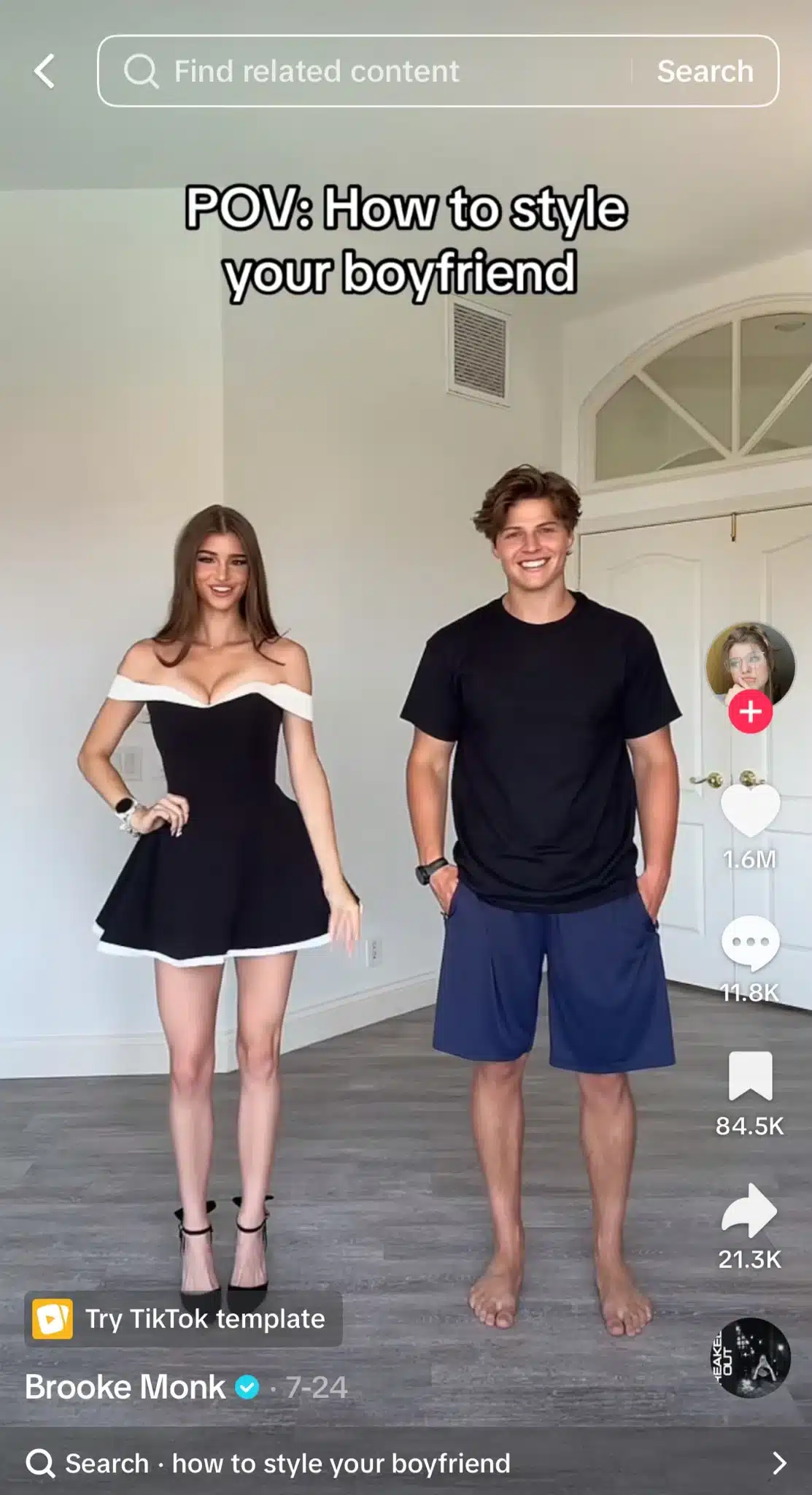 TikTok from Brooke Monk showing a woman standing next to a man in a room, with text reading, “POV: How to style your boyfriend.”