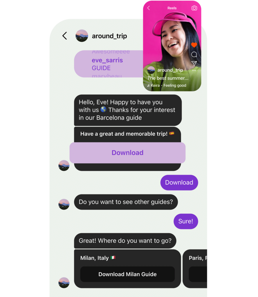 Example of an Instagram DM automation that sends a Barcelona travel guide after a user comments “GUIDE” on a Reel.