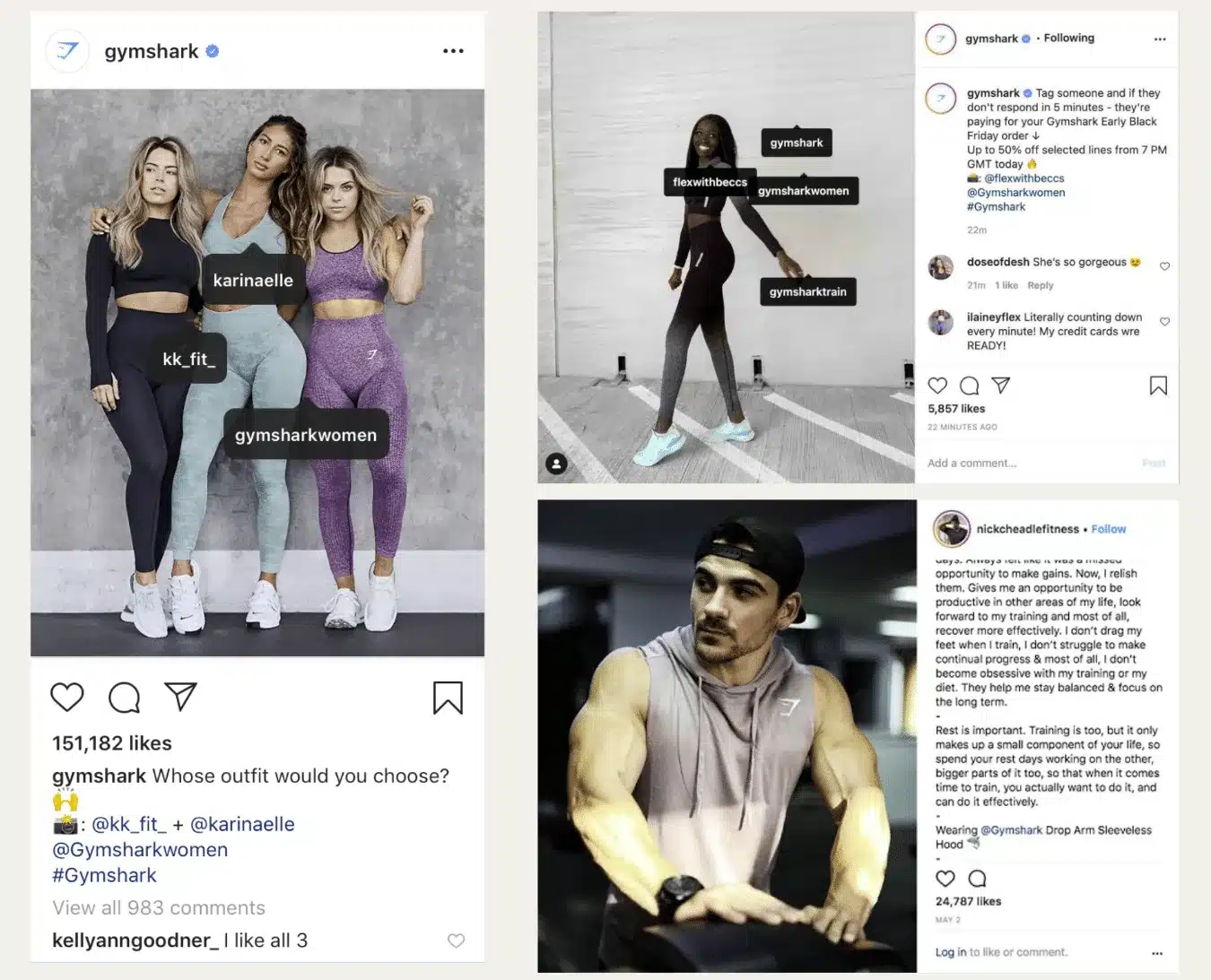 Collage of three Instagram posts from Gymshark featuring fitness creators and athletes. The examples show creators tagged directly in photos and captions, highlighting influencer partnerships and branded content. One post features three women in Gymshark activewear with tagged creator accounts, another shows a creator modeling workout apparel with multiple account tags, and the third features a male fitness creator wearing Gymshark clothing alongside a caption discussing training and recovery.