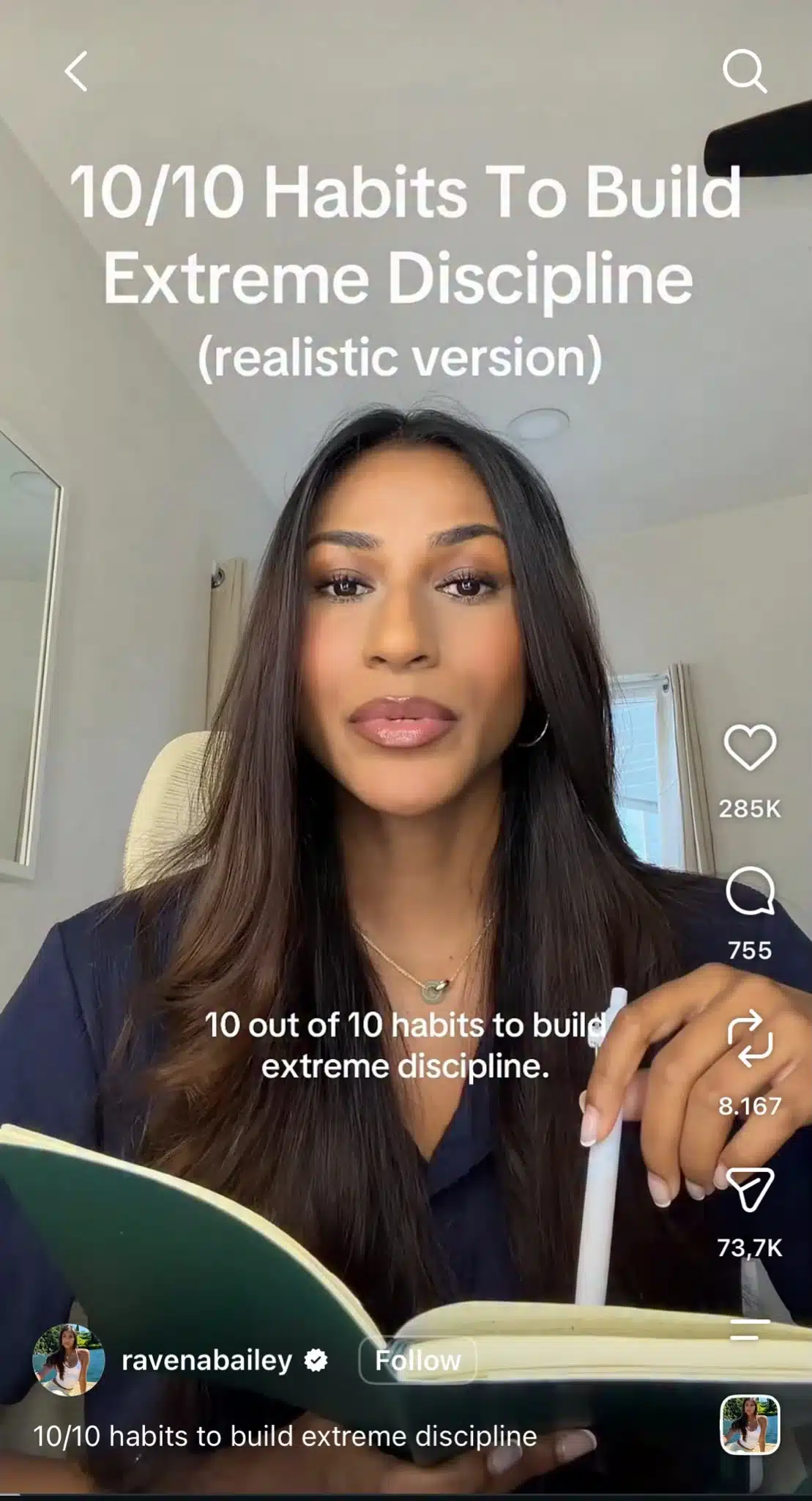 Creator holding an open notebook in a TikTok video with text reading “10/10 Habits To Build Extreme Discipline (realistic version).