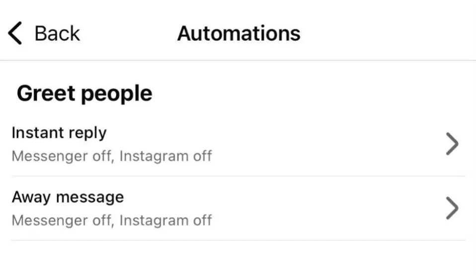 Meta Business Suite Automations menu showing options for Instagram instant replies and away messages.