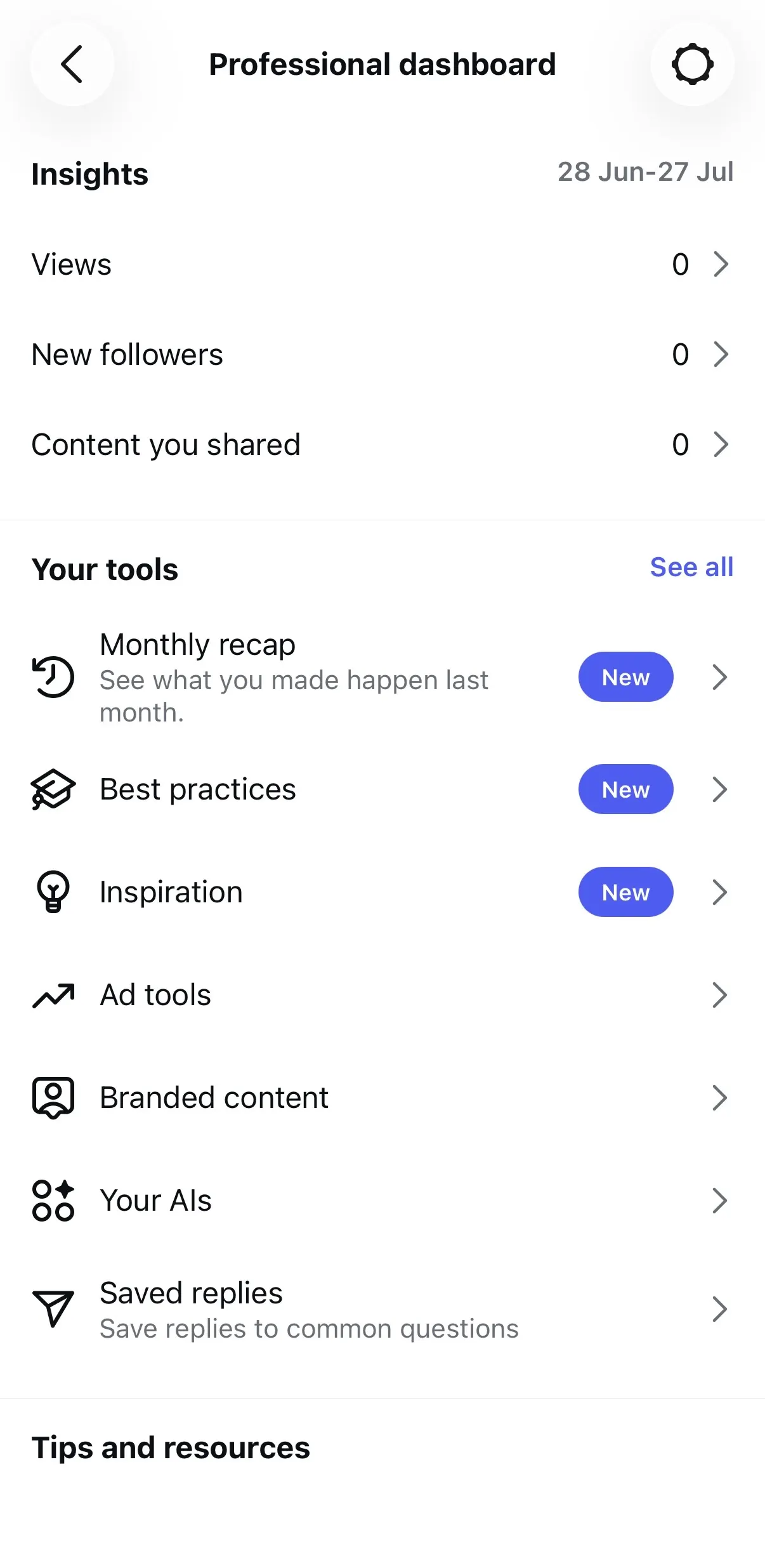 Instagram Direct Messages inbox showing the Notes feature at the top. A profile displays a note reading "Today's vibe..." above the profile picture, while a globe icon labeled "Map" appears beside it. A search bar and filter option are shown at the top of the screen. Instagram Story from the verified account The Interns, dated 11 July 2024, featuring a person speaking in an office. Text on the story reads "Intern takeover w/ Isaac!" with a location tag for Tarte, Inc. At the bottom of the screen are the Send message field, story like button, and share icon for interacting with the story. Instagram Professional Dashboard showing account insights and creator tools. The Insights section displays metrics for the selected date range, including views, new followers, and content shared. Below, the Your tools section provides access to features such as Monthly recap, Best practices, Inspiration, Ad tools, Branded content, Your AIs, and Saved replies, along with a Tips and resources section further down the page.
