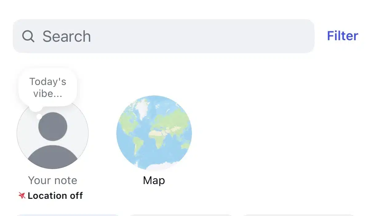 Instagram Direct Messages inbox showing the Notes feature at the top. A profile displays a note reading "Today's vibe..." above the profile picture, while a globe icon labeled "Map" appears beside it. A search bar and filter option are shown at the top of the screen.