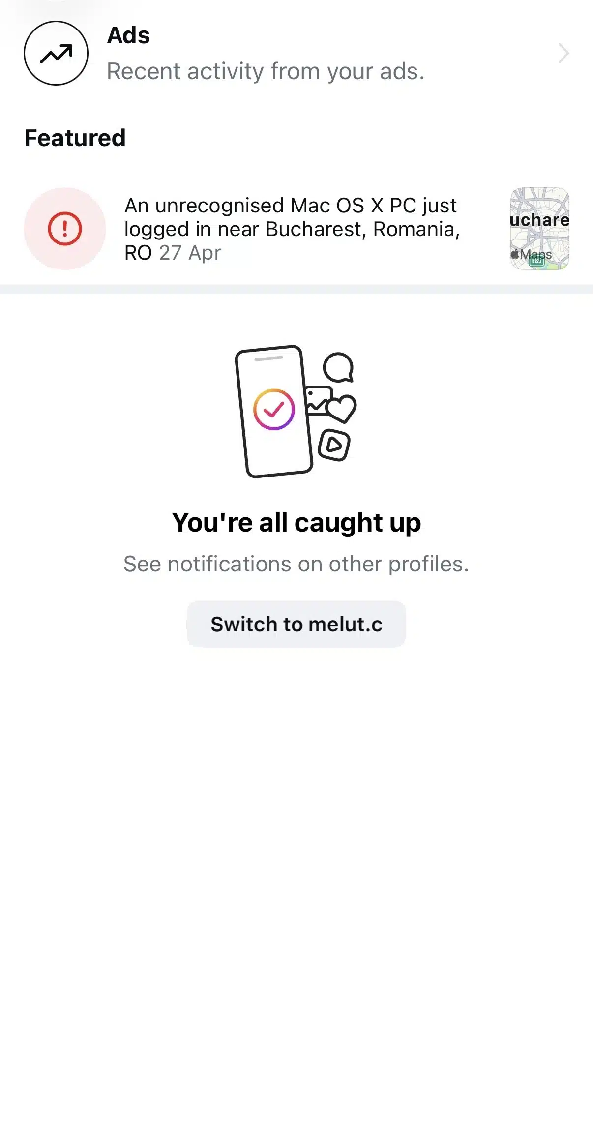 Instagram notifications screen showing recent account activity. The page includes a featured security alert about a login attempt and a message indicating there are no additional notifications to review.