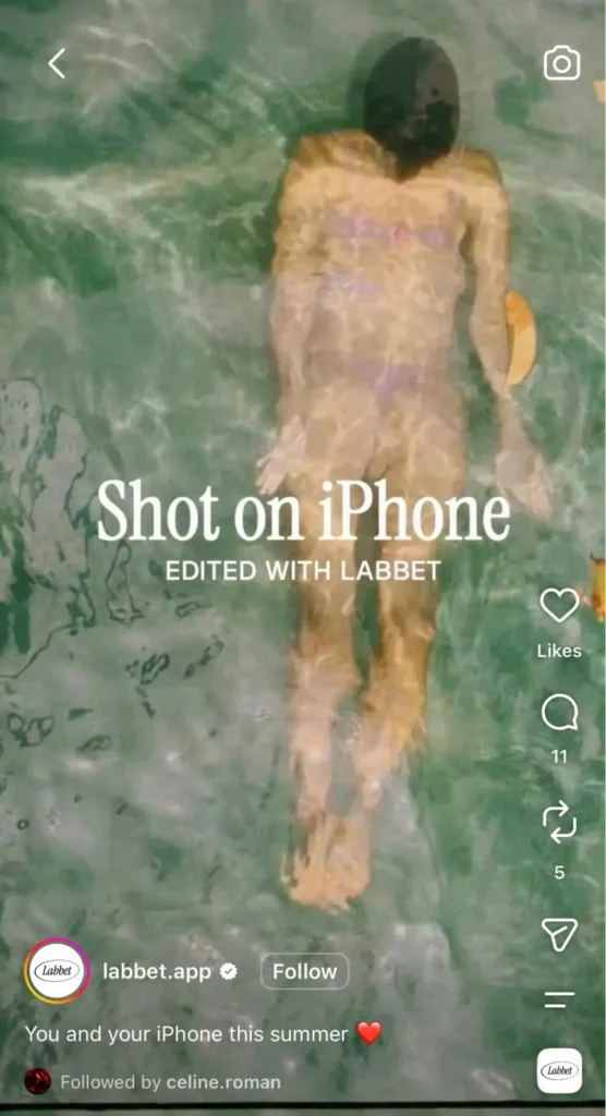 Instagram Reel by LABBET featuring an underwater shot with “Shot on iPhone, edited with LABBET” text overlay.