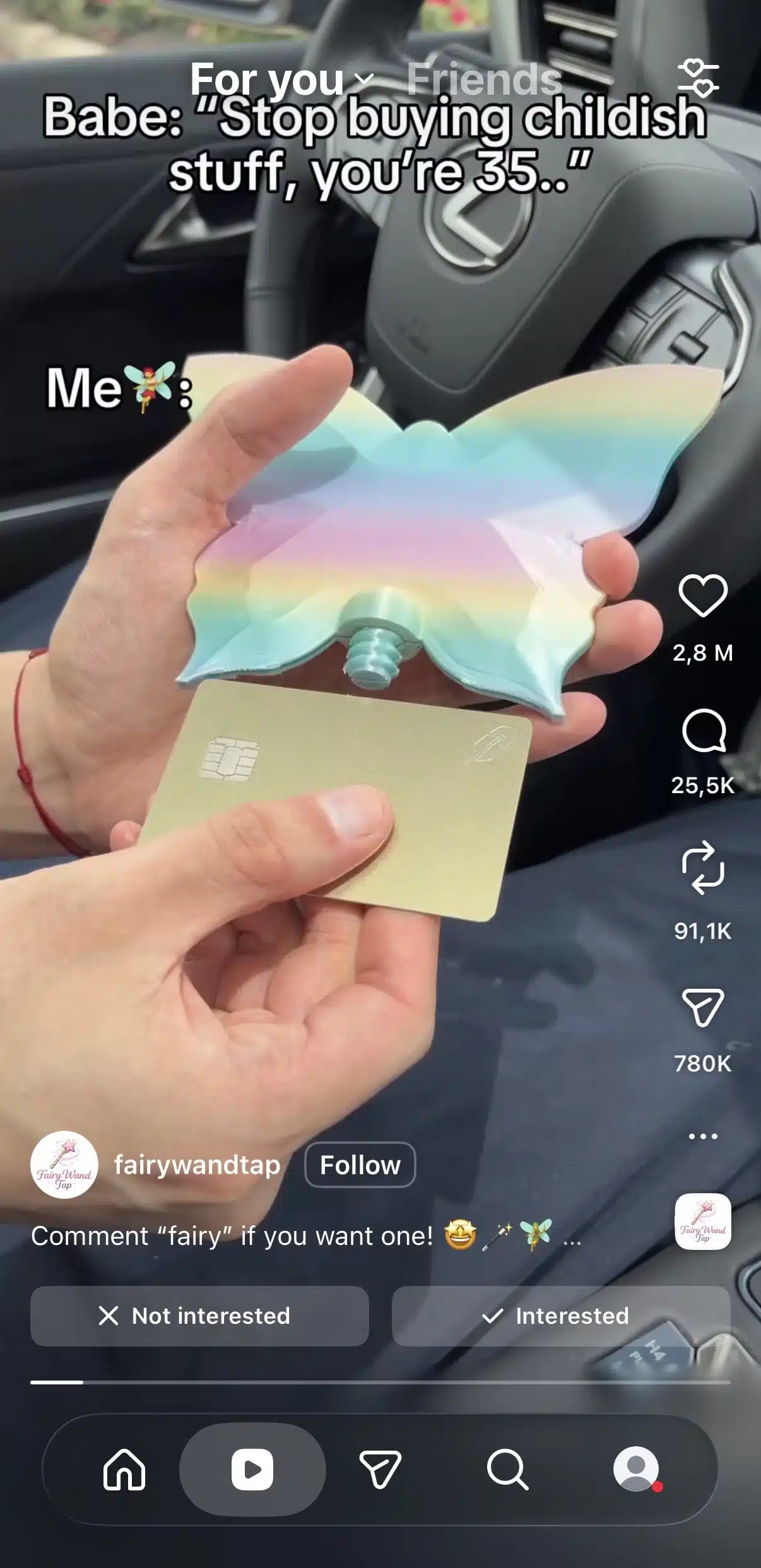 Instagram Reels interface displaying a short video with engagement icons for like, comment, share, and save along the right side. The video includes on-screen text, creator information, and interest controls at the bottom.