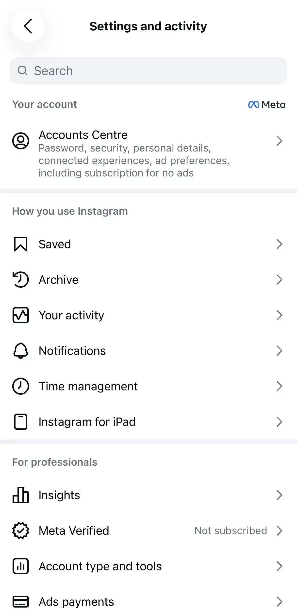Instagram Settings and activity page showing account management options, including Accounts Centre, Saved, Archive, Your activity, Notifications, Time management, Insights, and Account type and tools.