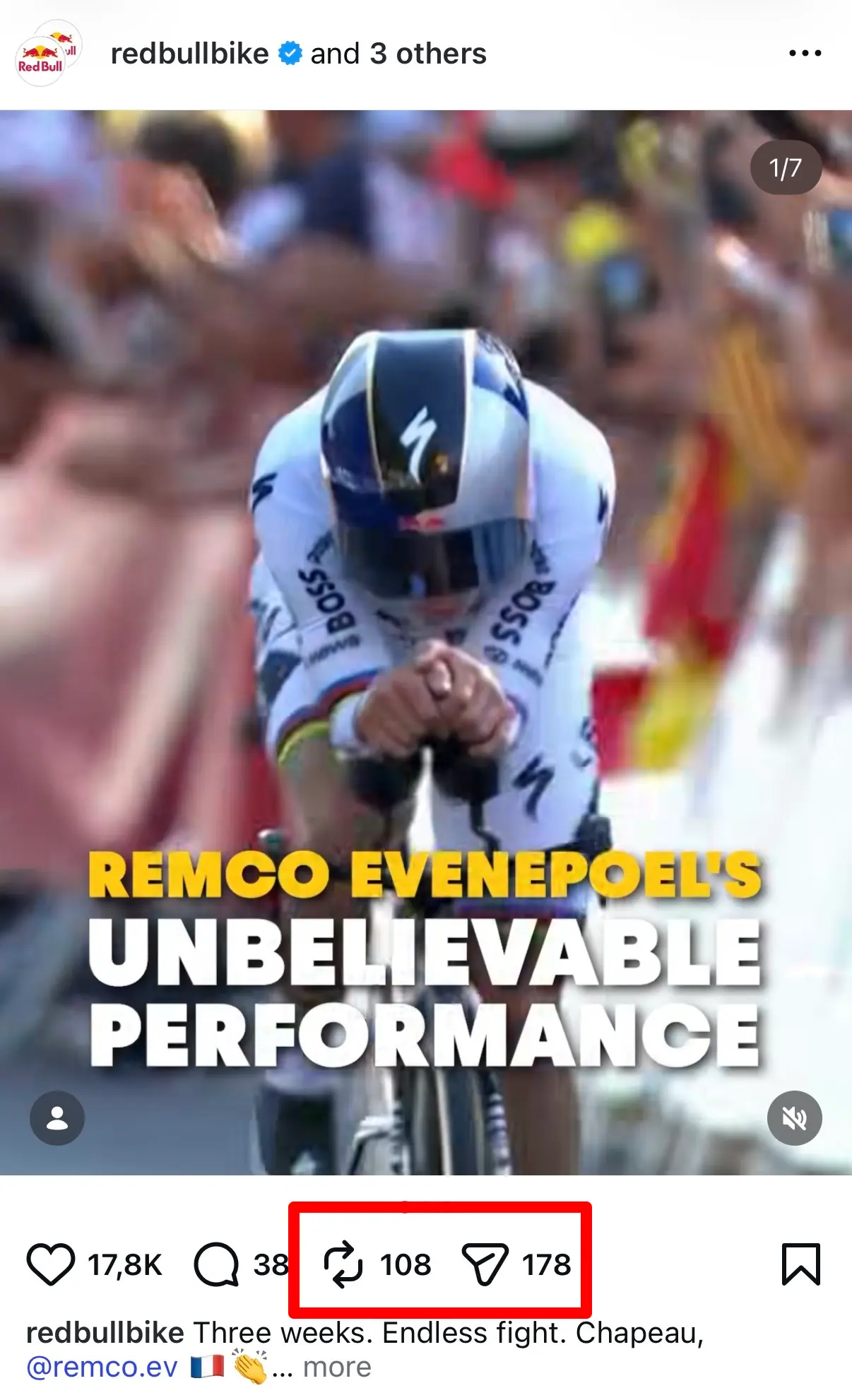 Instagram carousel post from redbullbike featuring cyclist Remco Evenepoel in a racing time-trial position. Large text over the image reads, "REMCO EVENEPOEL'S UNBELIEVABLE PERFORMANCE." The top-right corner indicates the post is the first image in a seven-image carousel (1/7). Below the post, the engagement bar displays like, comment, repost, share, and save icons. A red rectangle highlights the repost and share icons, drawing attention to Instagram's content-sharing features. The caption begins with "Three weeks. Endless fight. Chapeau..." and tags the cyclist.