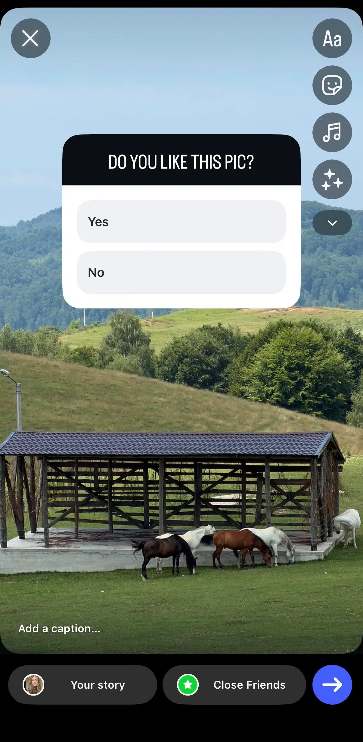 Instagram Story creation screen displaying the Poll sticker over a landscape photo with horses grazing in a field. The poll asks "Do you like this pic?" with Yes and No response options. Story editing tools, including text, stickers, music, and effects, appear along the right side, while sharing options for Your story and Close Friends are shown at the bottom.