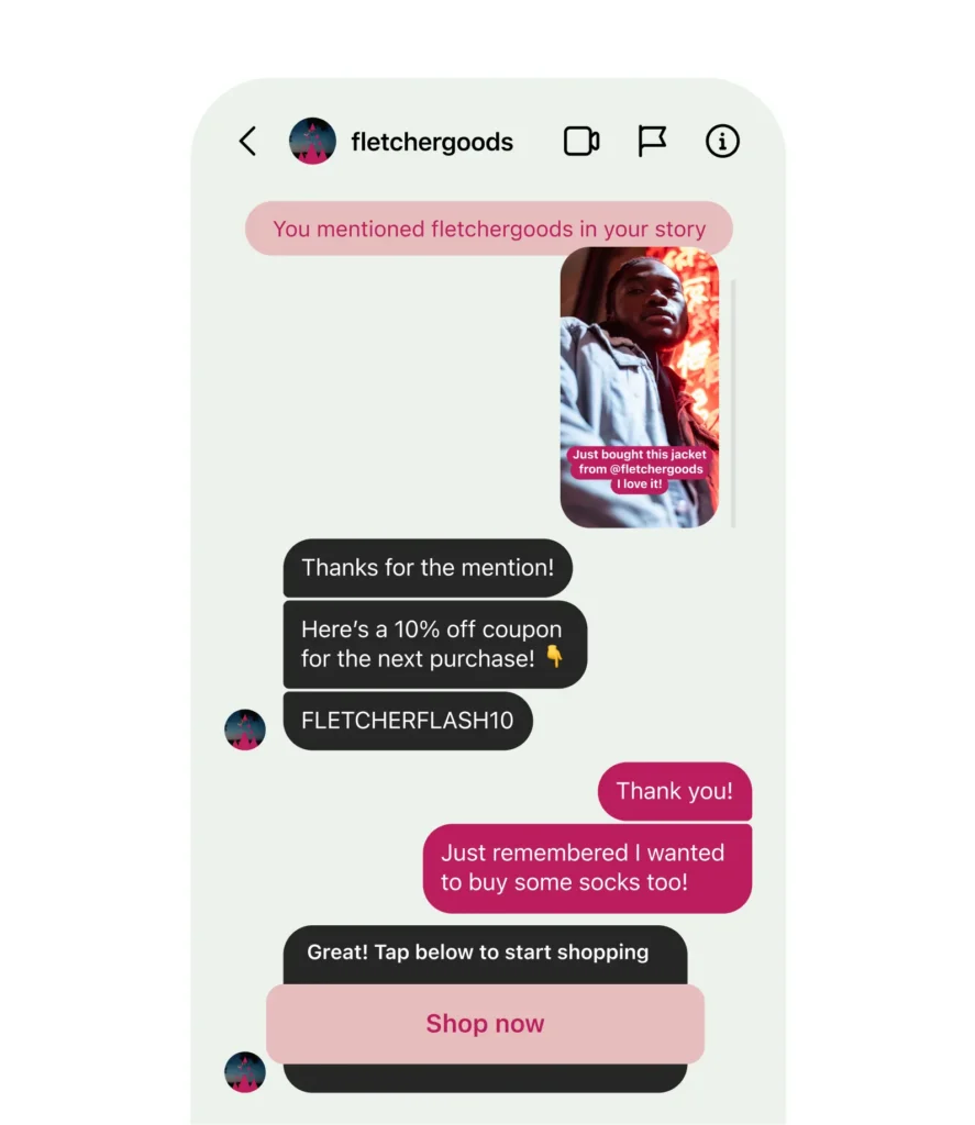 Example of an automated Instagram DM triggered by a Story mention, sending a discount code and shopping link.