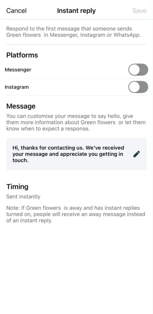 Meta Business Suite instant reply settings for Instagram and Messenger, showing a customizable automatic welcome message.