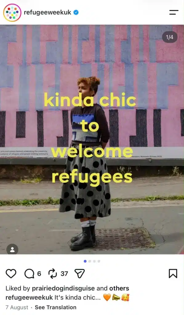 Instagram carousel by Refugee Week UK using the “kinda chic” trend with the text “kinda chic to welcome refugees.”