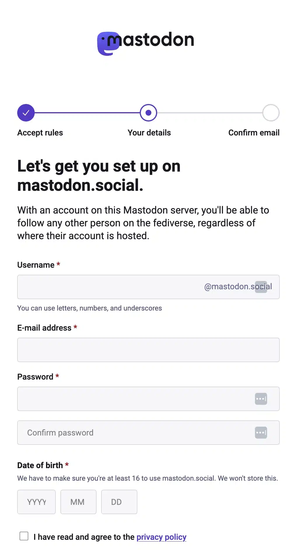 Mastodon signup page for mastodon.social showing the “Your details” step, with fields for username, email address, password, password confirmation, and date of birth.
