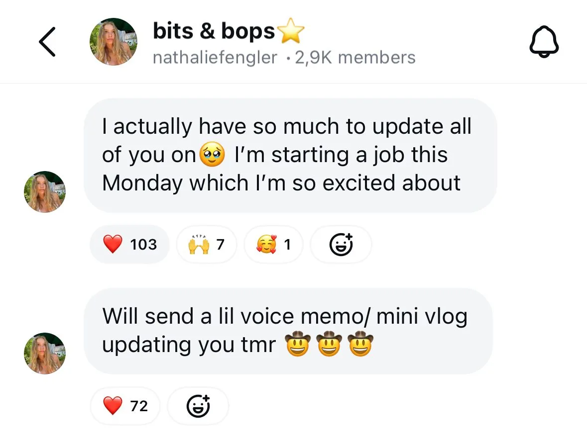 Instagram Broadcast Channel showing updates from a creator. The messages announce that they are starting a new job on Monday and promise to share a voice memo or mini vlog with more details the next day. Members have reacted to the messages with emoji reactions displayed below each post.