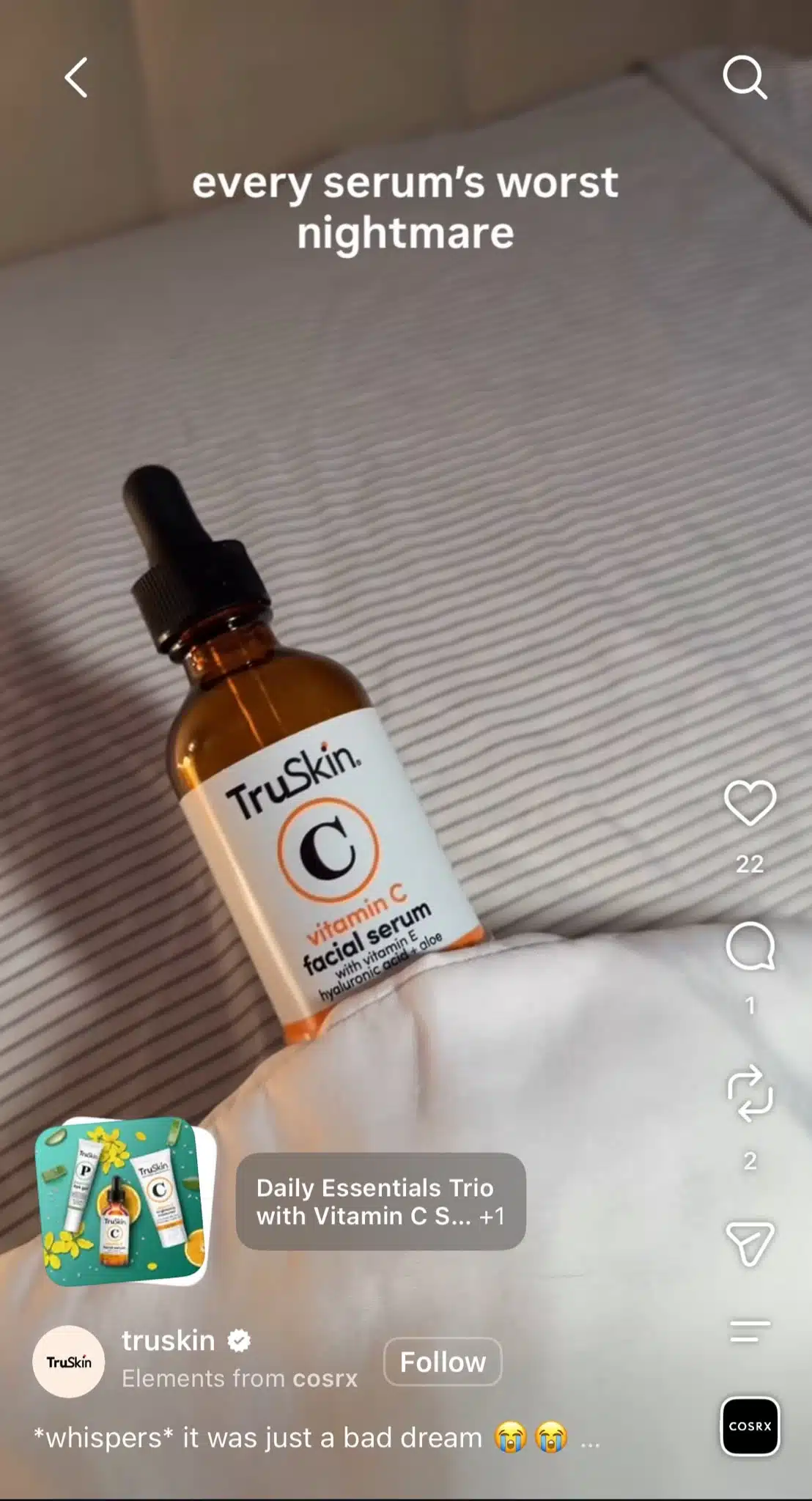 TruSkin Vitamin C facial serum tucked into a bed with text reading “every serum’s worst nightmare,” as part of a humorous TikTok trend.