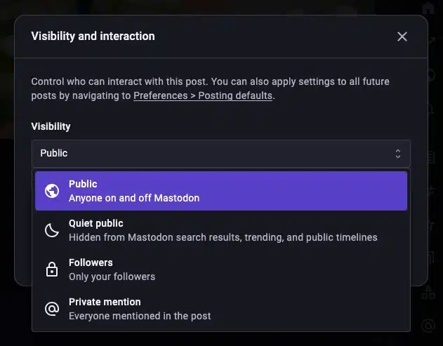 Mastodon “Visibility and interaction” menu showing post visibility options: Public, Quiet public, Followers, and Private mention, with Public selected.