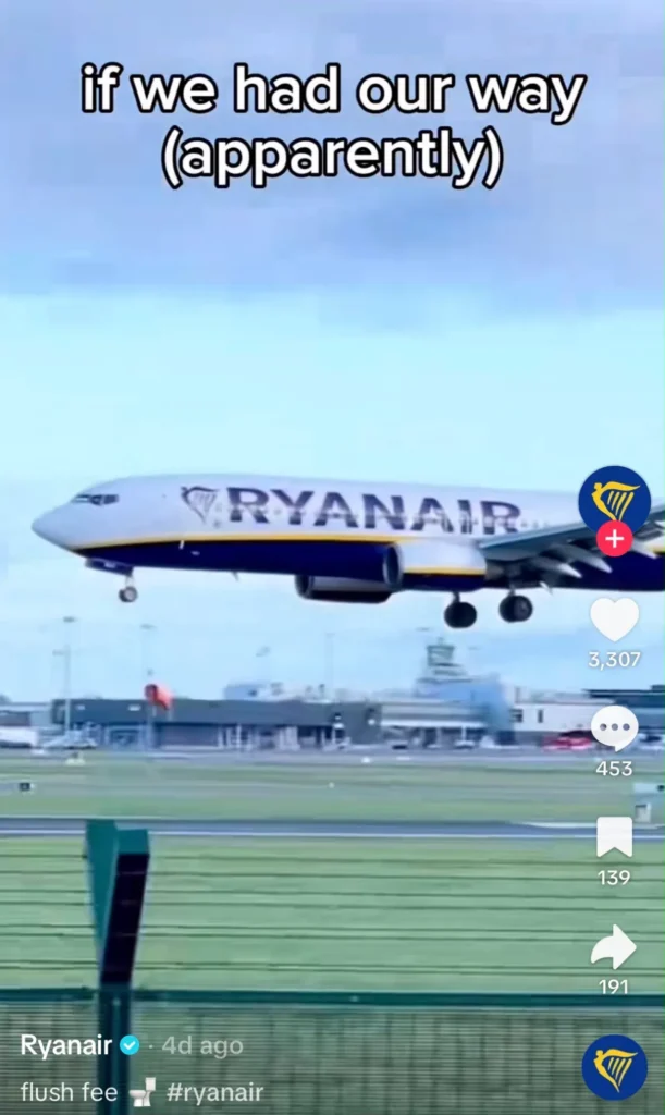 Ryanair TikTok video using a meme about airline fees with a plane landing in the background.