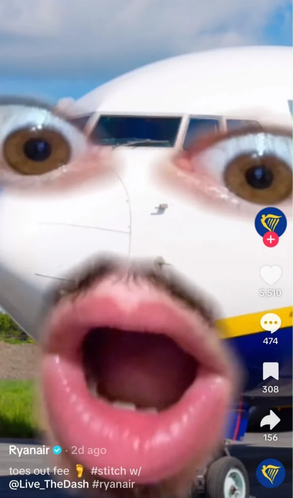 Ryanair airplane edited with a humorous face filter in a TikTok meme promoting the airline's playful brand voice.